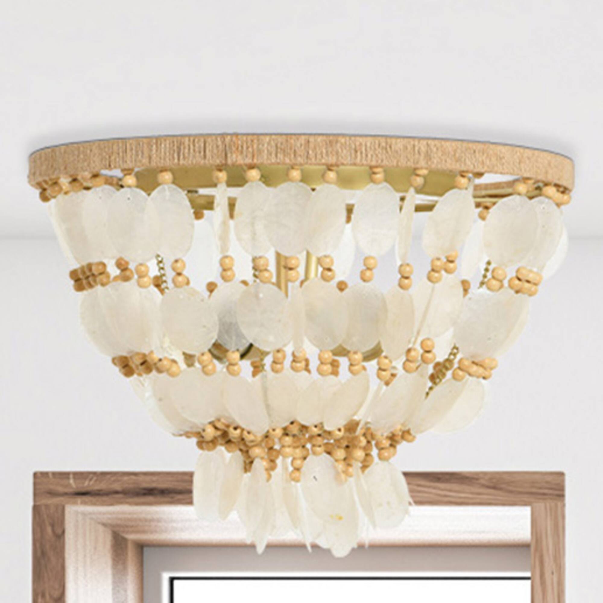 Hello Honey® 15" Round Capiz and Wood Bead Flush Mount Ceiling Light